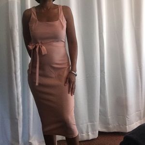Pink midi dress with a removable tie waist belt